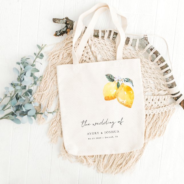 Italian Lemons & Script Amalfi Coast Wedding Favor Tote Bag (Creator Uploaded)