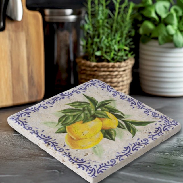 Italian Lemons with Blue Toile Trivet (Italian Lemons with Blue Filigree Toile Border - Kitchen Trivet on Travertine)