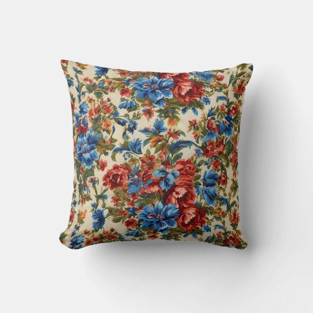 Italian Lush Red and Blue Flowers with Lush Leaves Throw Pillow (Front)
