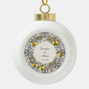 Italian Majolica Design with Lemons and Olives Ceramic Ball Christmas Ornament