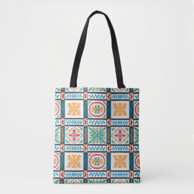 Italian majolica tile. Embroidery with flowers and Tote Bag (Front)