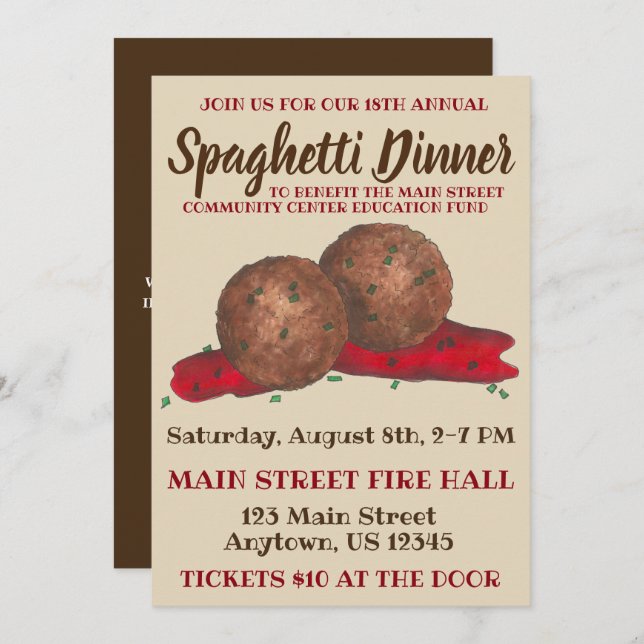 Italian Meatballs Spaghetti Dinner Charity Event Invitation (Front/Back)