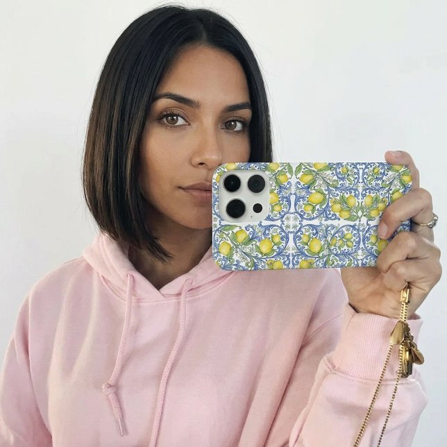 Italian Mediterranean Blue Tile Lemon Pattern iPhone Case (Italian Mediterranean Blue Tile Lemon Pattern iPhone 15 Pro Case)