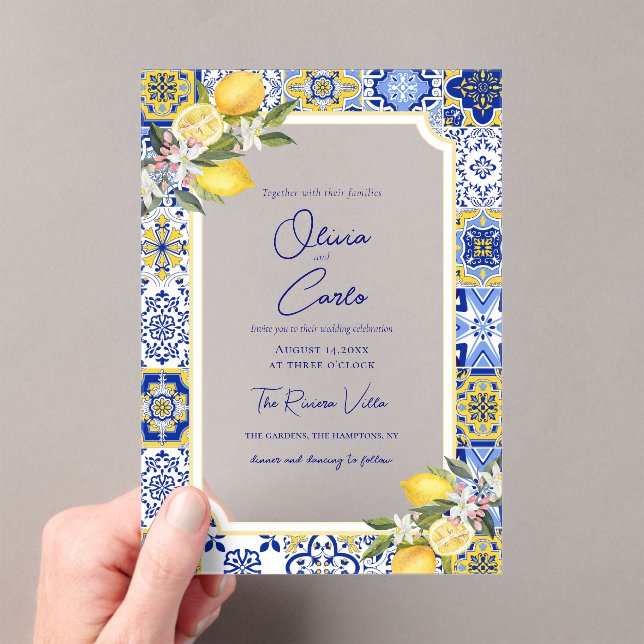 Italian Mediterranean Tile & Lemon Wedding  Acrylic Invitations (Insitu (Handheld))