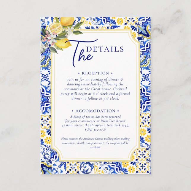 Italian Mediterranean Tile & Lemon Wedding   Enclosure Card (Front)
