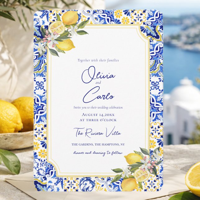 Italian Mediterranean Tile & Lemon Wedding Holiday Card (Italian Mediterranean Tile & Lemon Wedding Holiday Card)