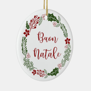 Italian Merry Christmas Wreath, Buon Natale Ceramic Ornament