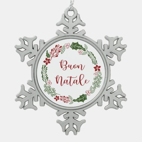 Italian Merry Christmas Wreath Buon Natale Snowflake Pewter Christmas Ornament