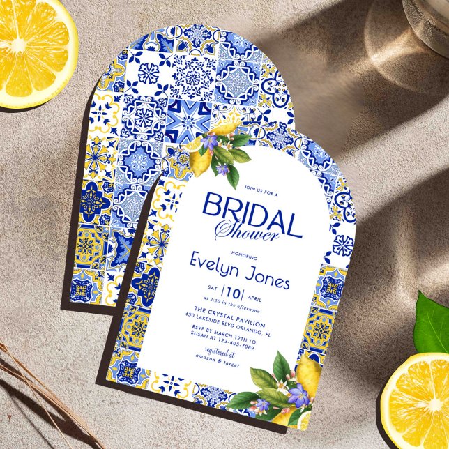 Italian Mosaic Blue Tile Lemons Arch Bridal Shower Invitation (Creator Uploaded)
