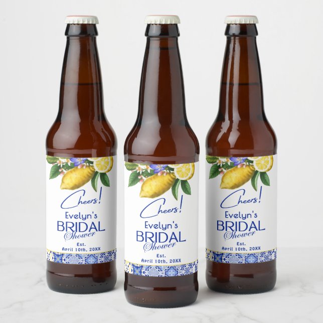 Italian Mosaic Blue Tile & Lemons Bridal Shower Beer Bottle Label (Bottles)