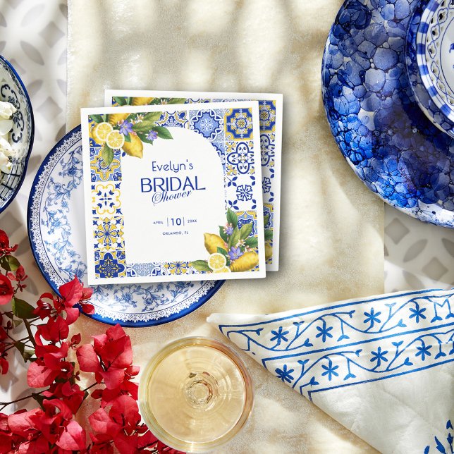 Italian Mosaic Blue Tile Lemons Bridal Shower Napkins (Creator Uploaded)