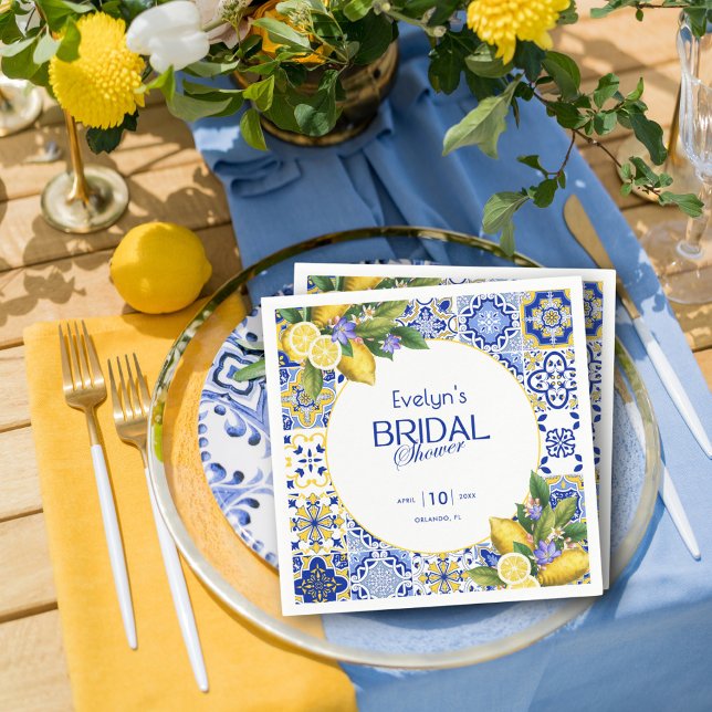 Italian Mosaic Blue Tile Lemons Bridal Shower Napkins (Creator Uploaded)