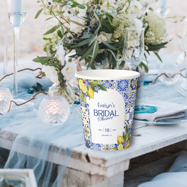Italian Mosaic Blue Tile Lemons Bridal Shower Paper Cups (Creator Uploaded)