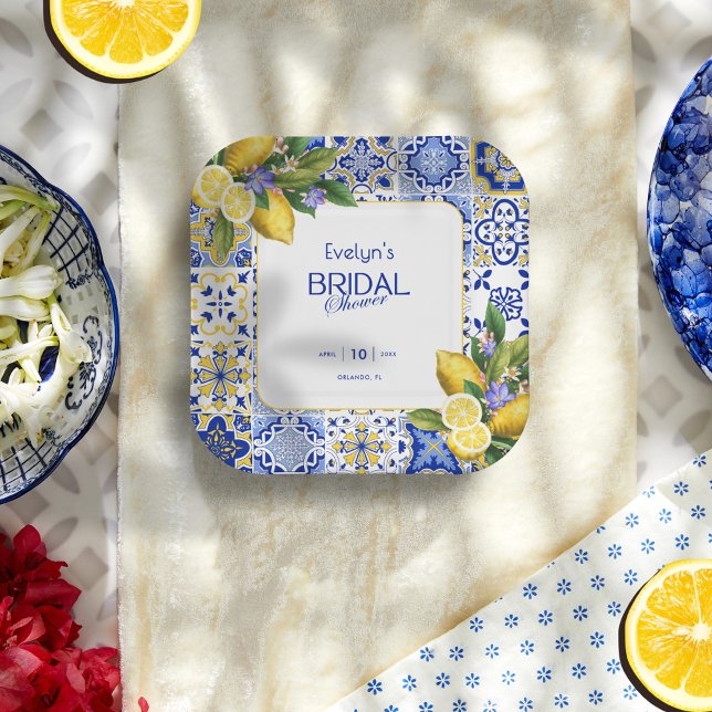 Italian Mosaic Blue Tile Lemons Bridal Shower Paper Plates (Creator Uploaded)