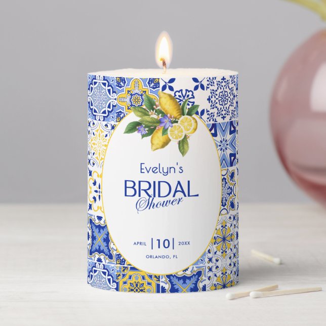 Italian Mosaic Blue Tile & Lemons Bridal Shower Pillar Candle (In Situ)