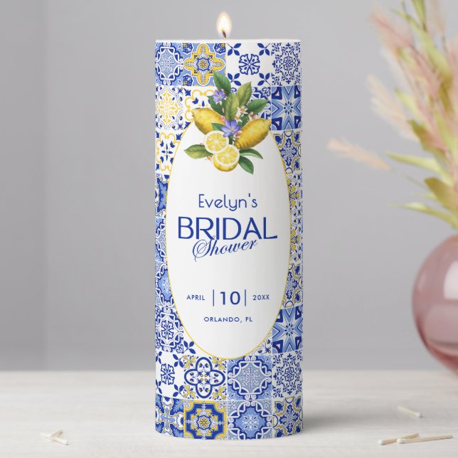 Italian Mosaic Blue Tile & Lemons Bridal Shower Pillar Candle (In Situ)
