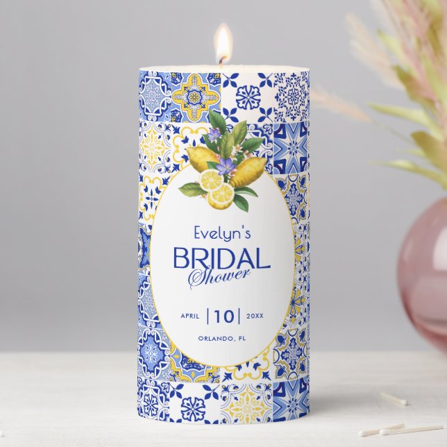 Italian Mosaic Blue Tile & Lemons Bridal Shower Pillar Candle (In Situ)