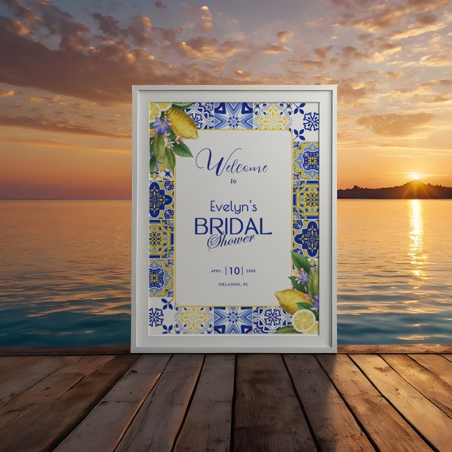 Italian Mosaic Blue Tile & Lemons Bridal Shower Poster (Creator Uploaded)