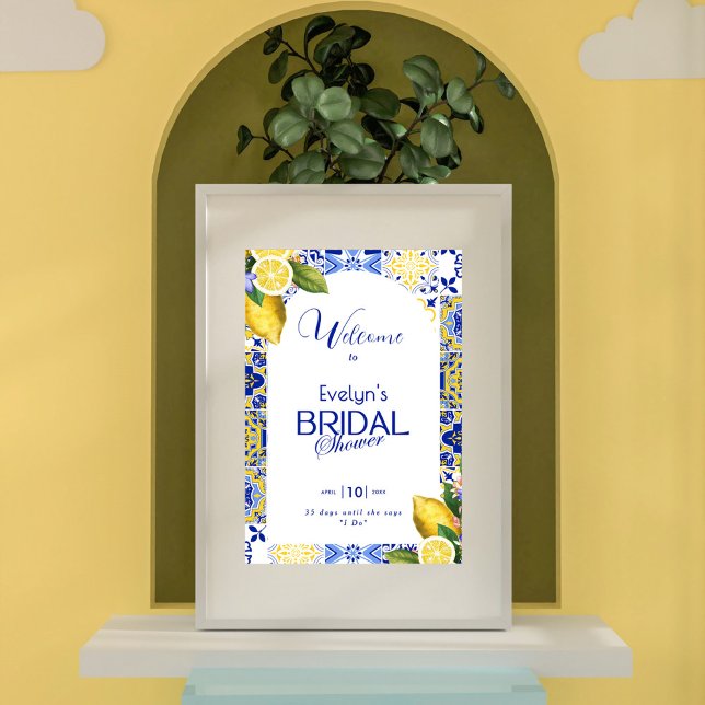 Italian Mosaic Blue Tile & Lemons Bridal Shower Poster (Creator Uploaded)