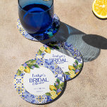 Italian Mosaic Blue Tile Lemons Bridal Shower Round Paper Coaster<br><div class="desc">Italian Mosaic Blue Tile Lemons Bridal Shower Round Paper Coaster Add a refreshing splash of Mediterranean charm to every sip with these delightful Italian Mosaic Blue Tile Lemons Bridal Shower Round Paper Coasters! Each coaster is a miniature masterpiece, featuring a crisp white round shape elegantly set over a vibrant Italian...</div>