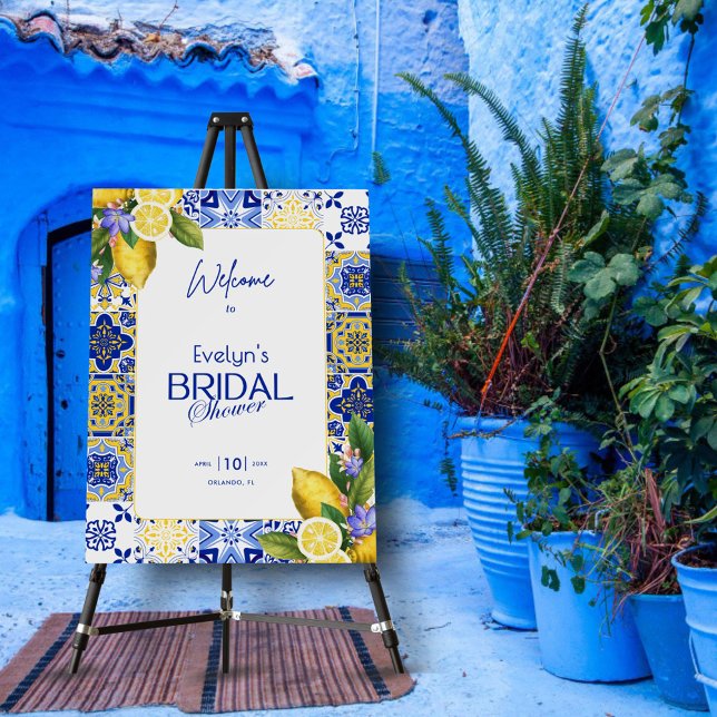 Italian Mosaic Blue Tile Lemons Bridal Shower Sign (Creator Uploaded)