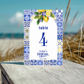 Italian Mosaic Blue Tile & Lemons Bridal Shower Table Number