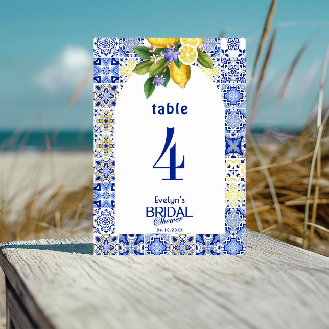 Italian Mosaic Blue Tile & Lemons Bridal Shower Table Number (Creator Uploaded)