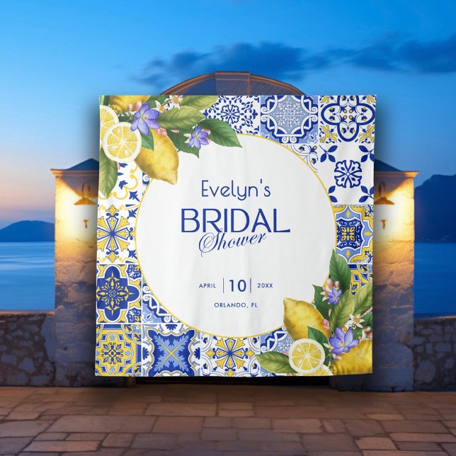 Italian Mosaic Blue Tile Lemons Bridal Shower Tapestry (Creator Uploaded)
