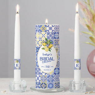 Italian Mosaic Blue Tile & Lemons Bridal Shower Unity Candle Set