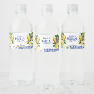 Italian Mosaic Blue Tile & Lemons Bridal Shower Water Bottle Label