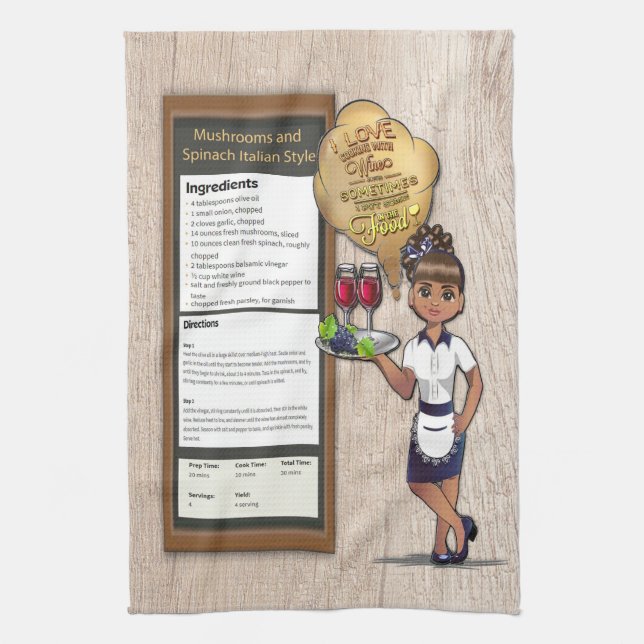 Italian Mushroom and Spinach Recipe Kitchen Towel (Vertical)