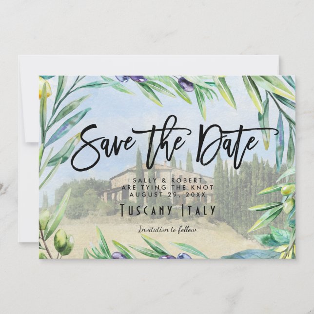 Italian olives Tuscany wedding save the date card (Front)