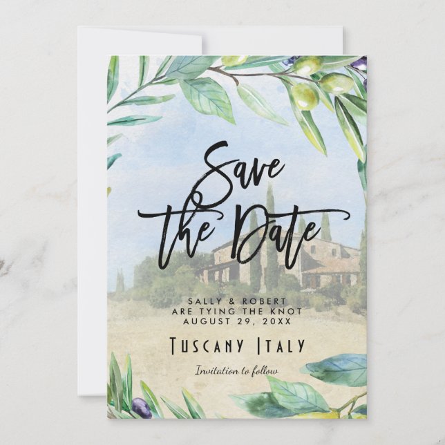 Italian olives Tuscany wedding save the date card (Front)