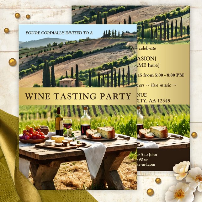 Italian Outdoor Wine Tasting Party Invitation (Italian style outdoors wine tasting party invitation featuring a Tuscan landscape with red wine)