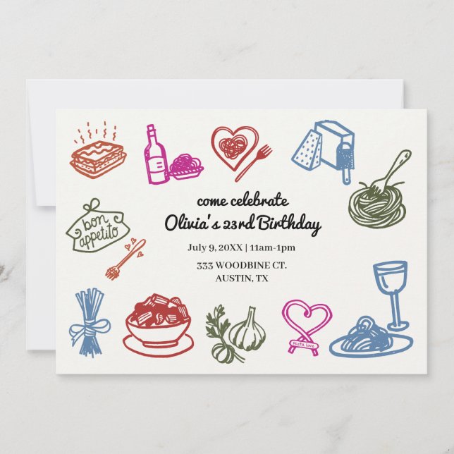 Italian Pasta Party Birthday Colorful Invitation (Front)