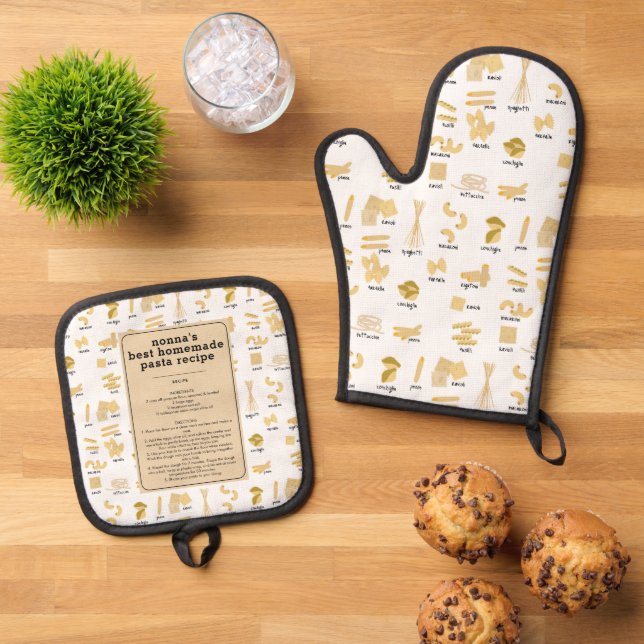 Italian Pasta Shapes & Names Recipe Nonna Keepsake Oven Mitt & Pot Holder Set (Top Down)