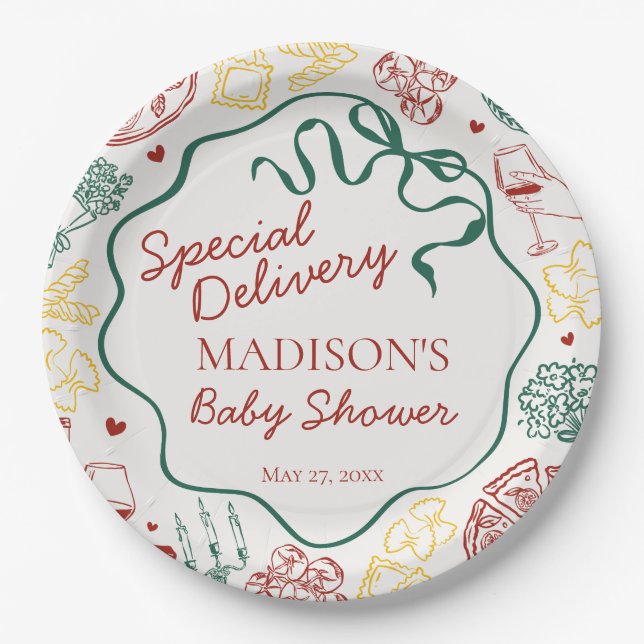 Italian Pasta Special Delivery Baby Shower Paper Plates (Front)