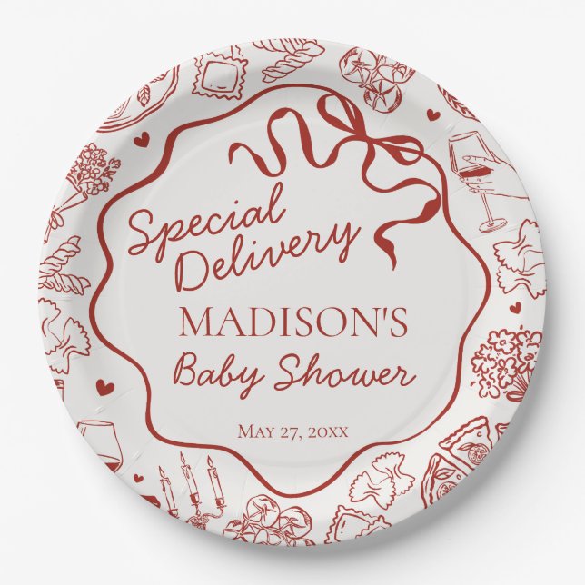 Italian Pasta Special Delivery Baby Shower Paper Plates (Front)