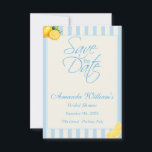 Italian Pastel Blue Stripes Lemons bridal Shower Save The Date<br><div class="desc">Italian Pastel Blue Stripes Lemons bridal Shower Save The Date Introducing our Italian Pastel Blue Stripes Lemon Bridal Shower Save the Date — a fresh, minimal stationery design that sets the tone for a beautiful Italian-inspired celebration from the very first moment it arrives. Soft alternating pastel blue and white vertical...</div>