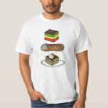 Italian Pastries Tiramisu Rainbow Cookie Cannoli T T-Shirt<br><div class="desc">Features three original classic Italian bakery-themed illustrations: a seven layer (Italian rainbow) cookie,  a cannoli,  and a slice of delicious tiramisu!</div>