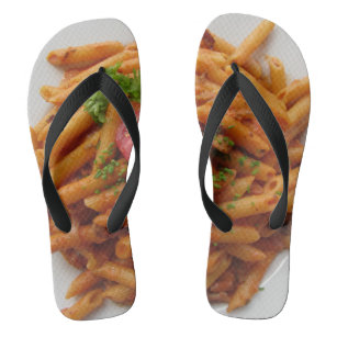 Italian penne pasta with tomato sauce and cream flip flops