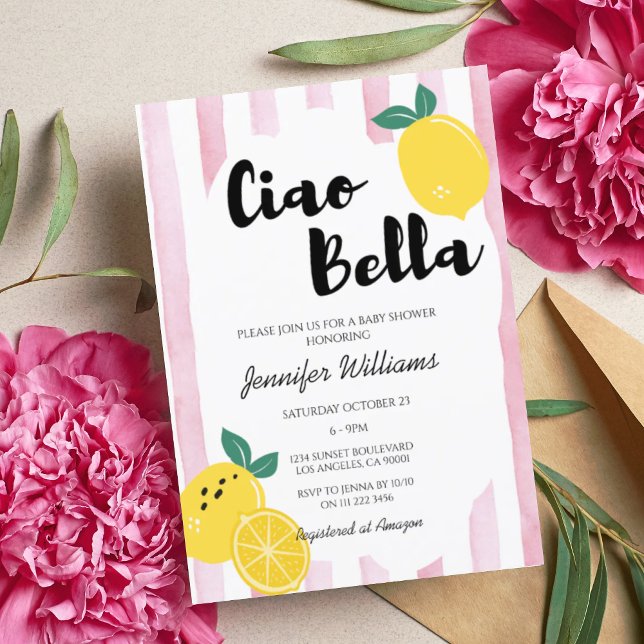 Italian Pink Lemon Ciao Baby Bella Shower Girl Invitation (Italian Lemon Girl Baby Shower Invitation)