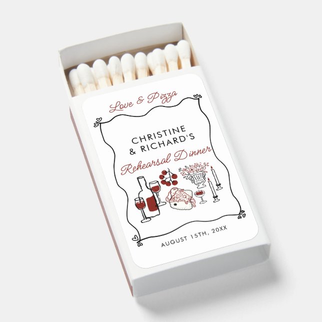 Italian Pizza Modern Rehearsal Dinner Matchboxes (Front Open)