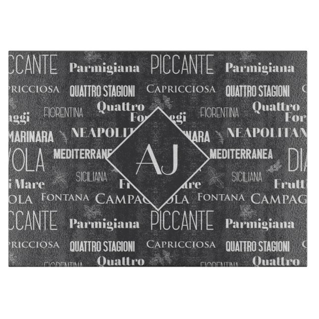 Italian Pizza Names Grey Monogrammed Cutting Board (Front)