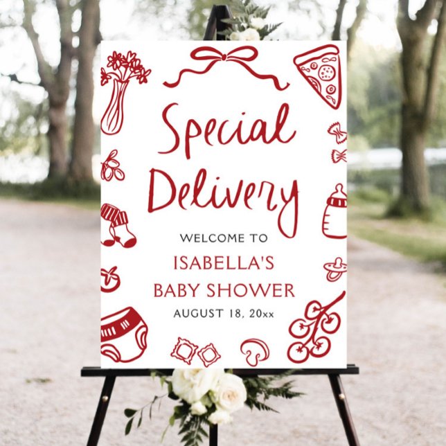 Italian Pizza Special Delivery Baby Shower Welcome Foam Board (Hand Drawn Italian Pizza Special Delivery Baby Shower Welcome Sign)