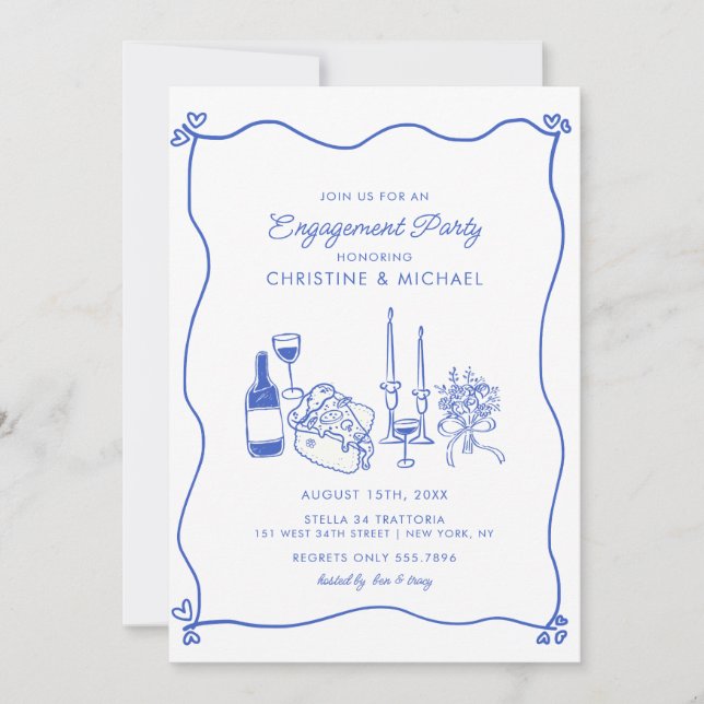 Italian Pizza & Wine Handwritten Modern Engagement Invitation (Front)