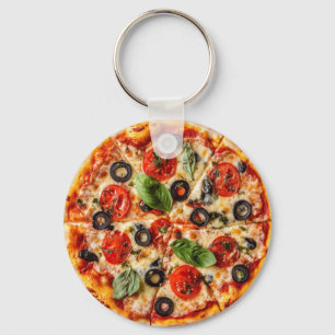 Italian pizza with tomatoes, olives, and basil keychain