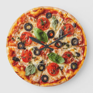Italian pizza with tomatoes, olives, and basil large clock