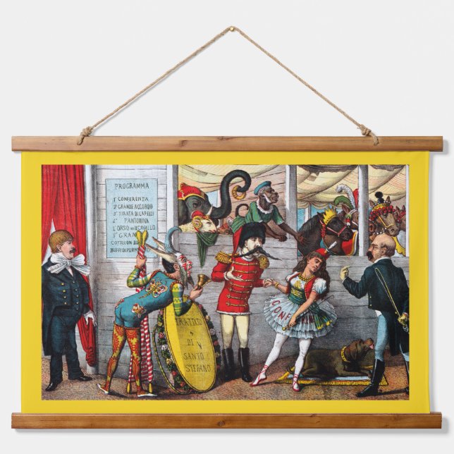 Italian Political Cartoon Of Circus Performers Hanging Tapestry (Front)