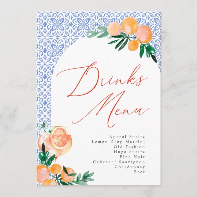 Italian Positano Aperol Spritz Wedding Drinks Menu (Front)